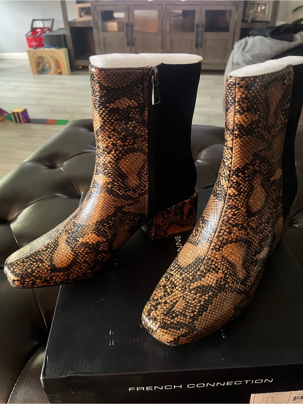 French Connection Tan and Black Snake-Print Ankle Booties - Picture 2 of 5